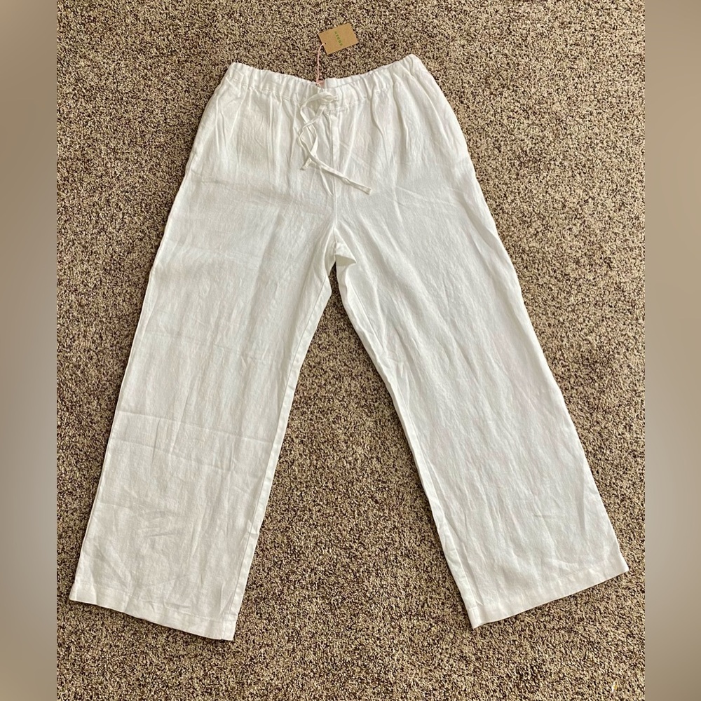 Boden Relaxed Fit White Linen Trousers—Size 10